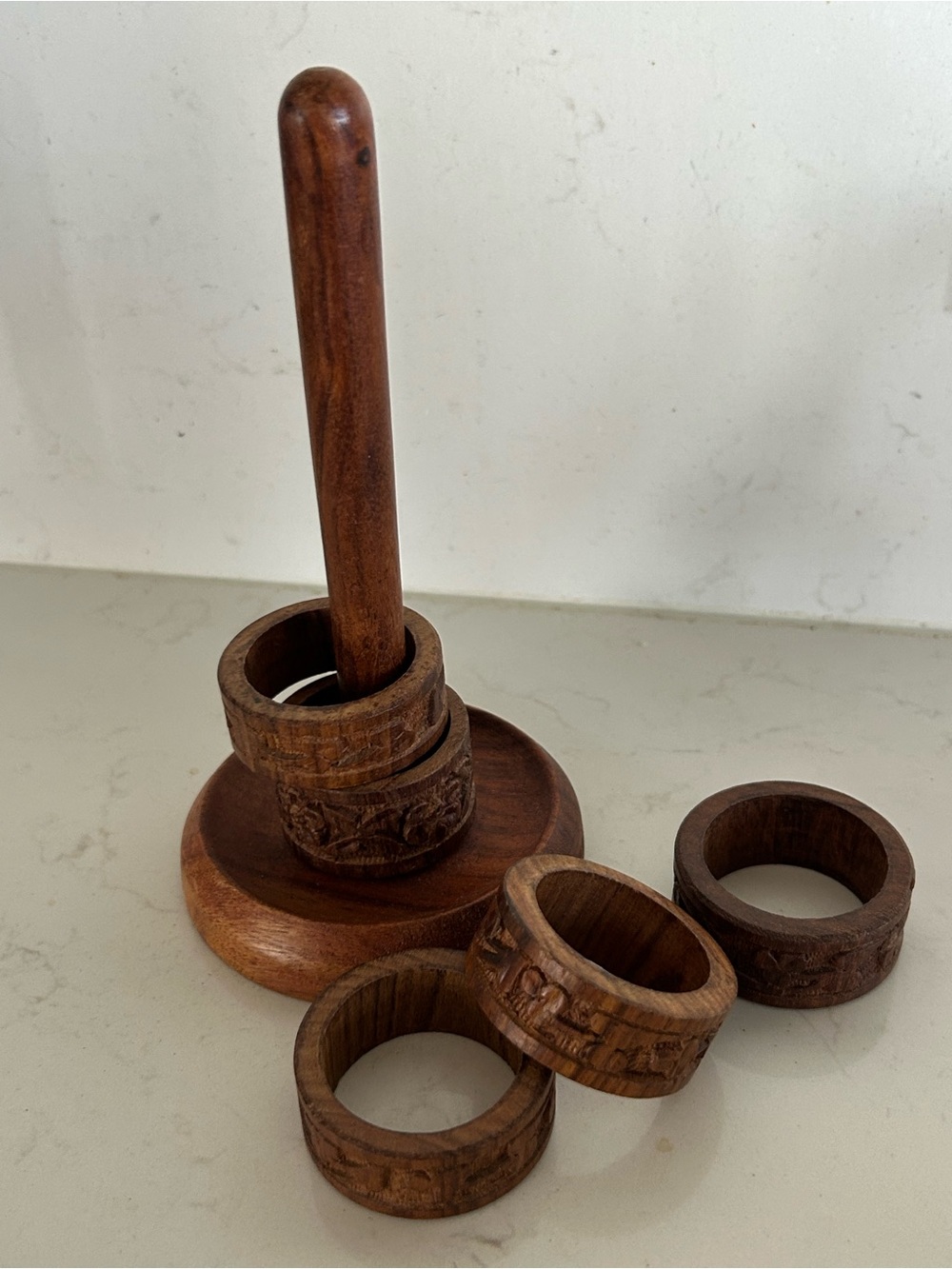 Vintage Set of 5 handcrafted rosewood wood napkin rings, intricate design